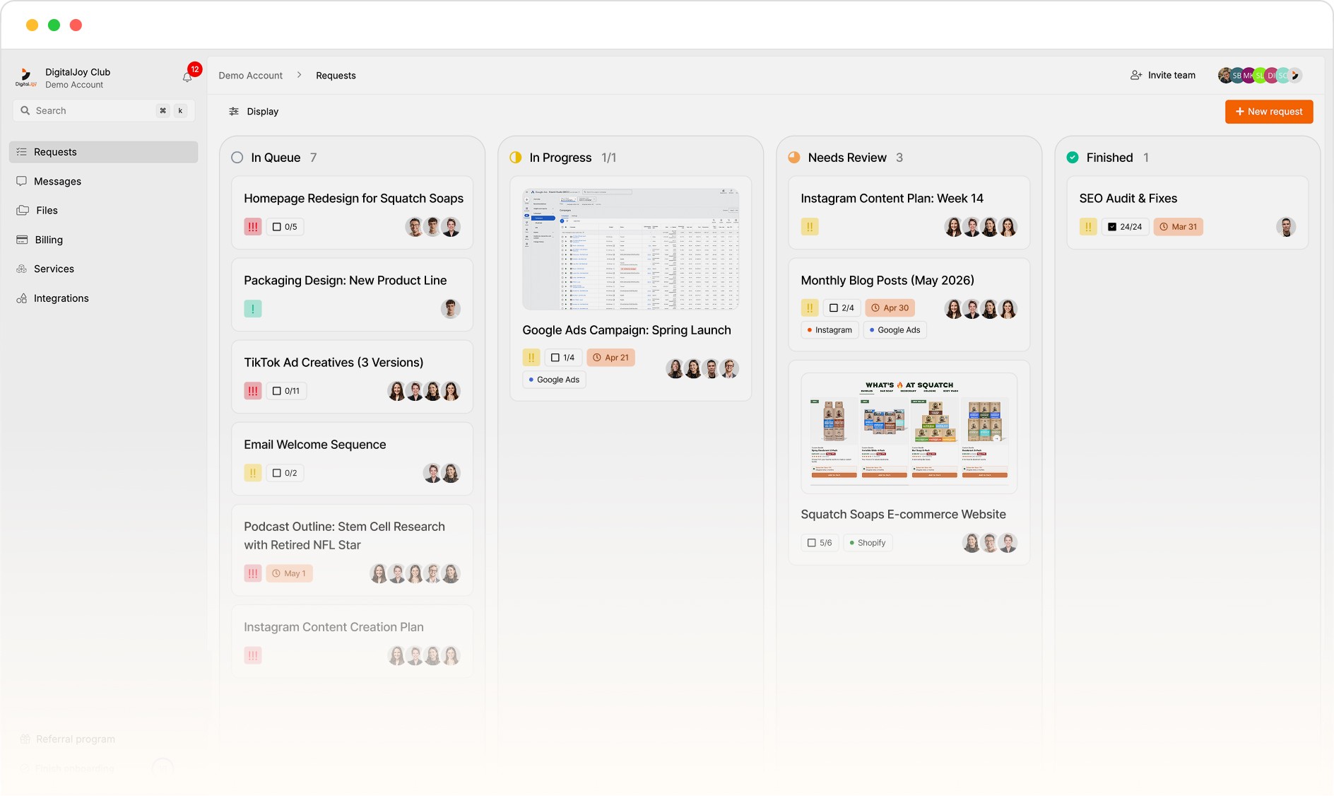Digital Joy Club dashboard board with requests moving from queue to finished